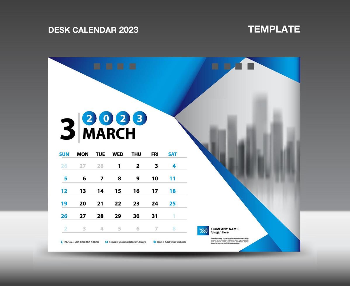 Calendar 2023 template vector- March 2023 year, Desk calendar 2023 design, Week starts Sunday, Planner, Stationery design, flyer design, Calendar printing design, Blue polygonal background concept vector