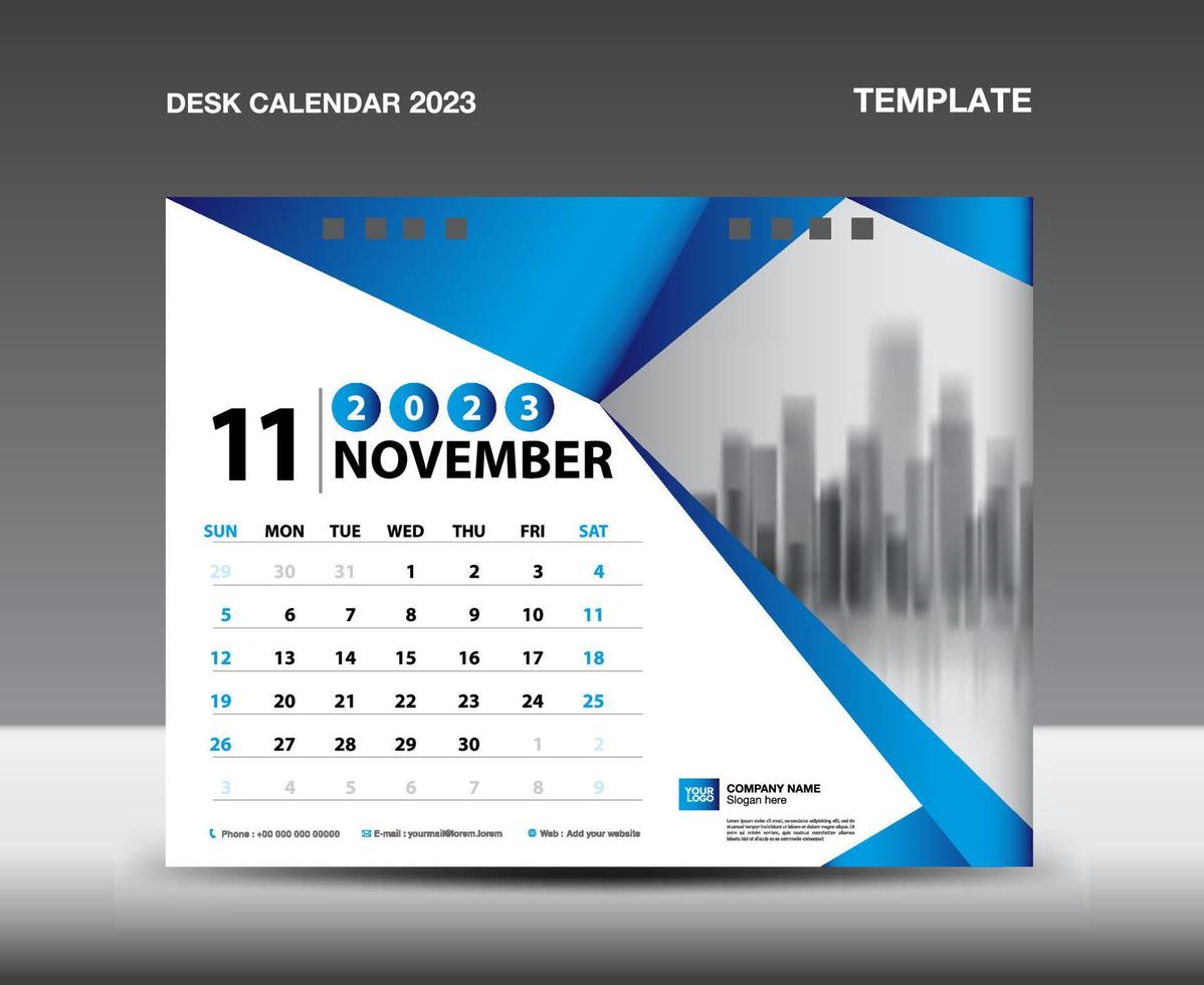 Calendar 2023 template vector-November 2023 year, Desk calendar 2023 design, Week starts Sunday, Planner, Stationery design, flyer design, Calendar printing design, Blue polygonal background concept vector