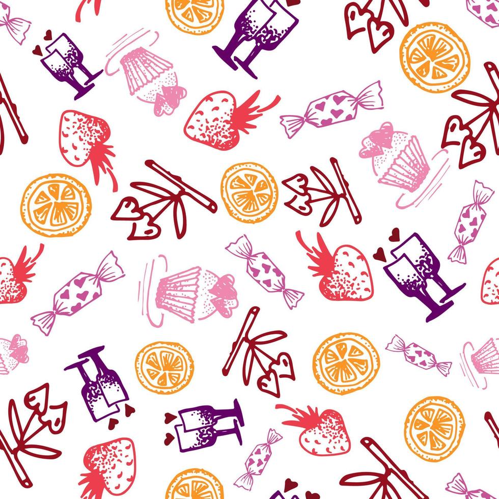 Food hand-drawn sketch line icons seamless pattern on white background vector