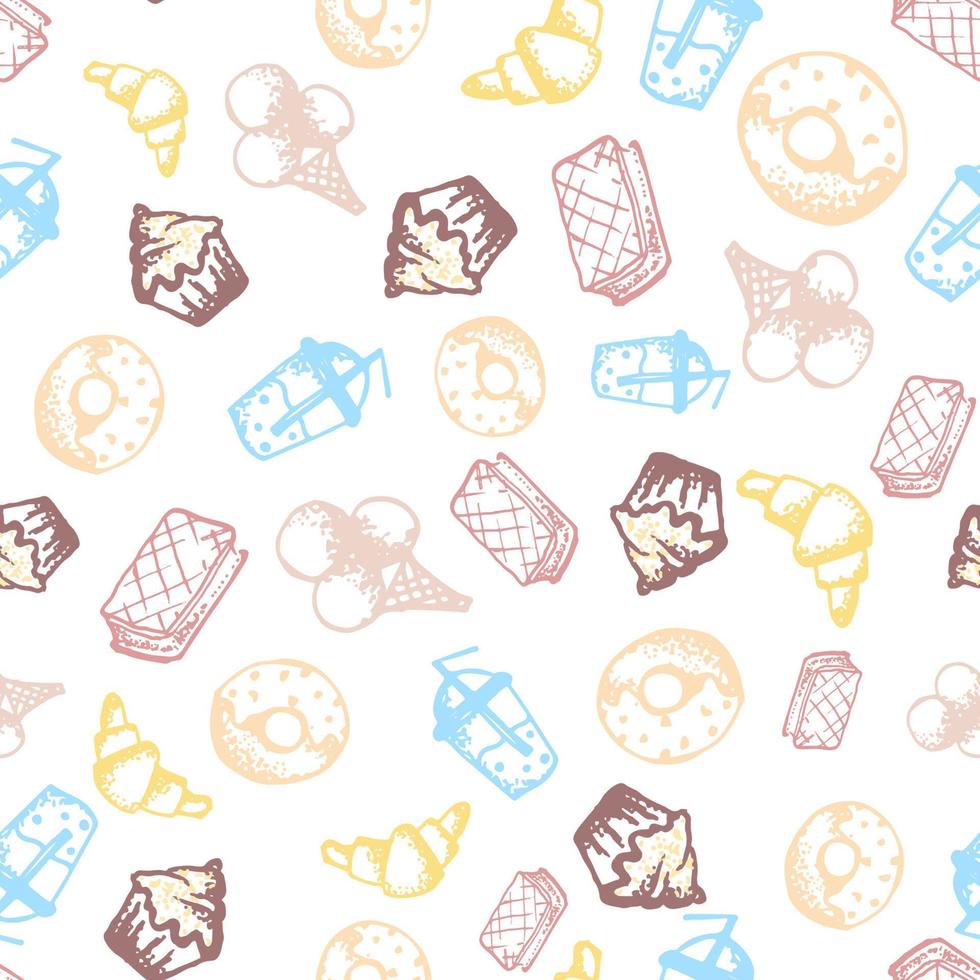 Food hand-drawn sketch line icons seamless pattern on white background vector