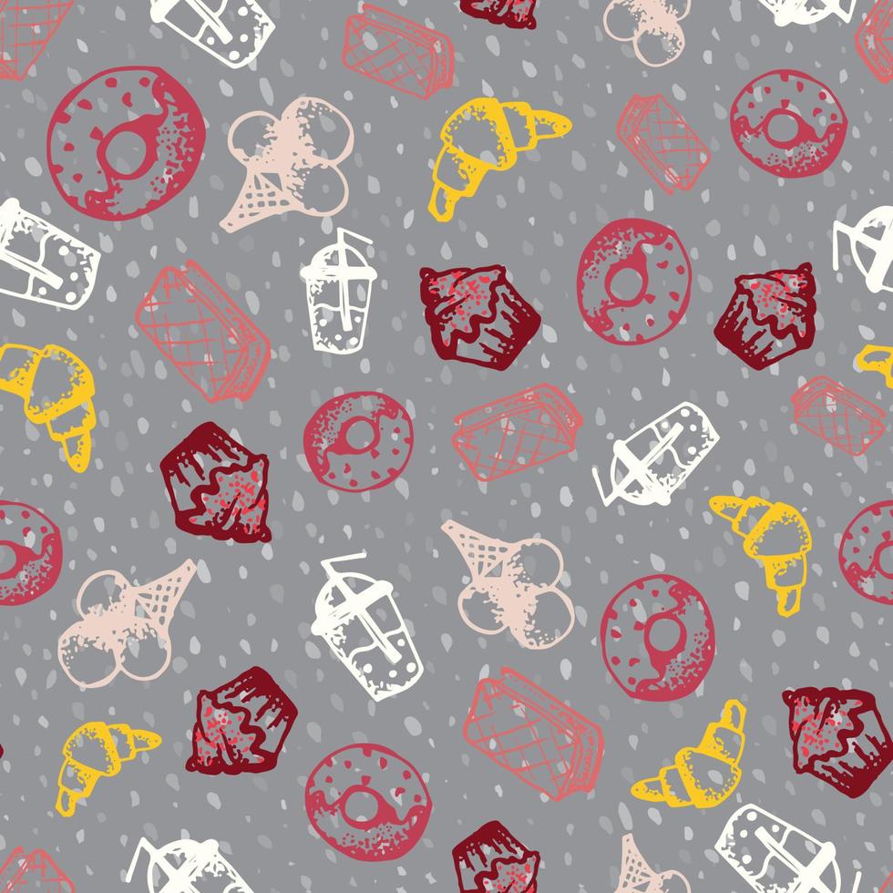 Food hand-drawn sketch line icons seamless pattern on dark background vector