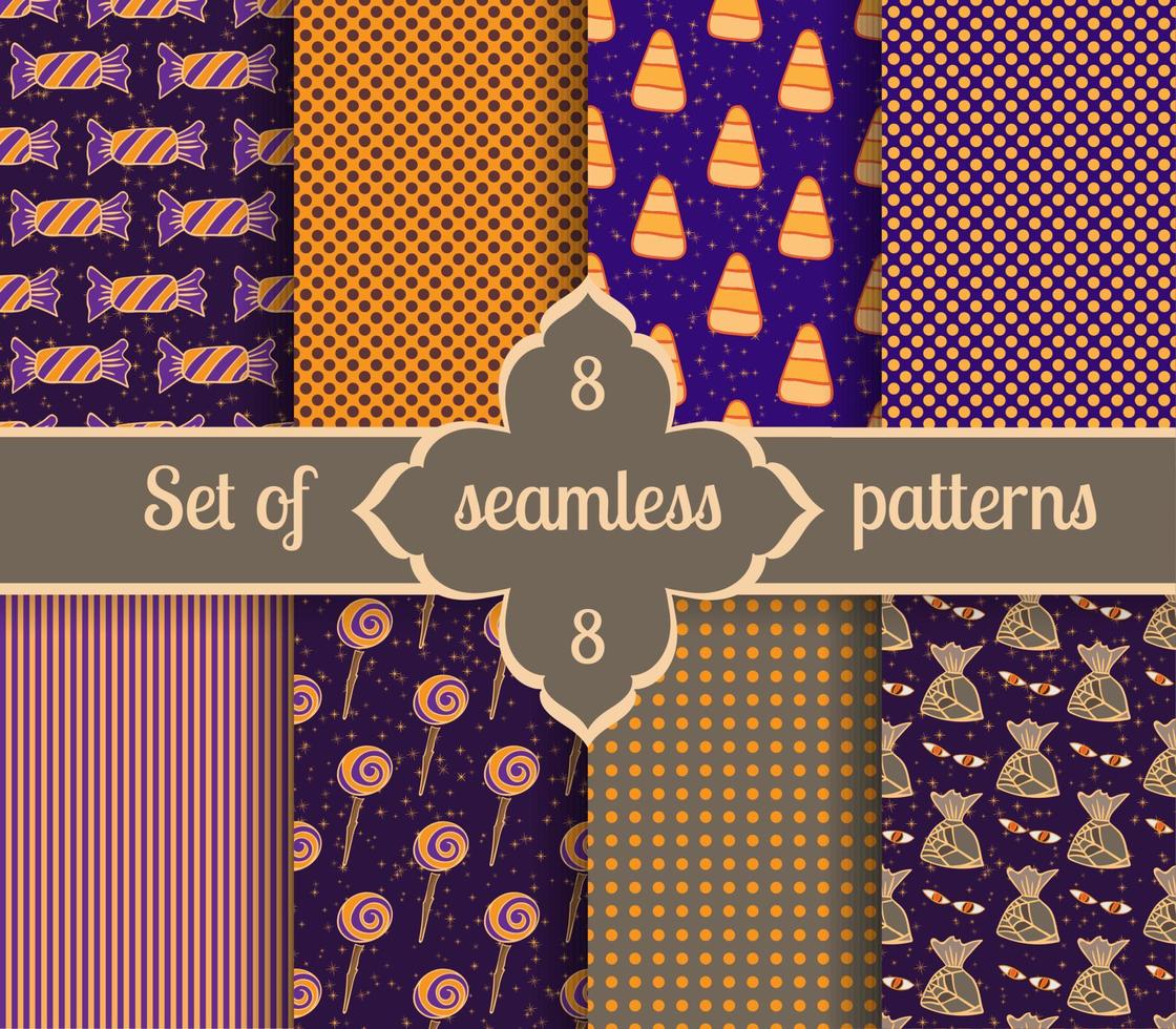 Set seamless backgrounds of sweet and geometric patterns. Collection halloween candy vector