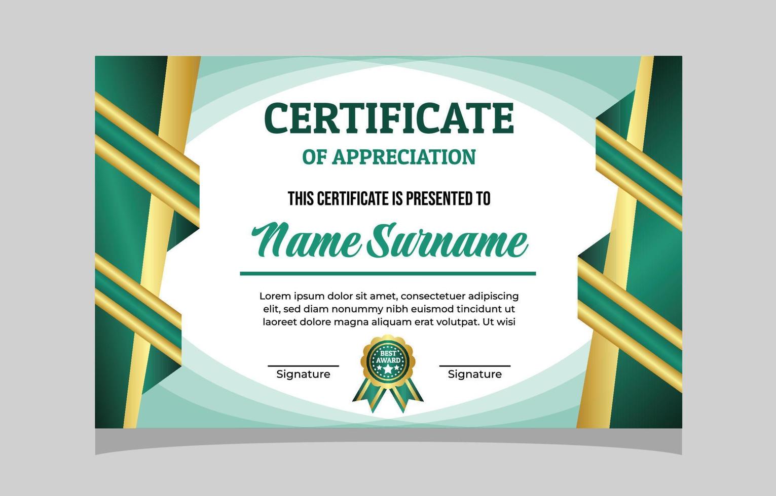 Green and Gold Color Appreciation Certificate Document vector