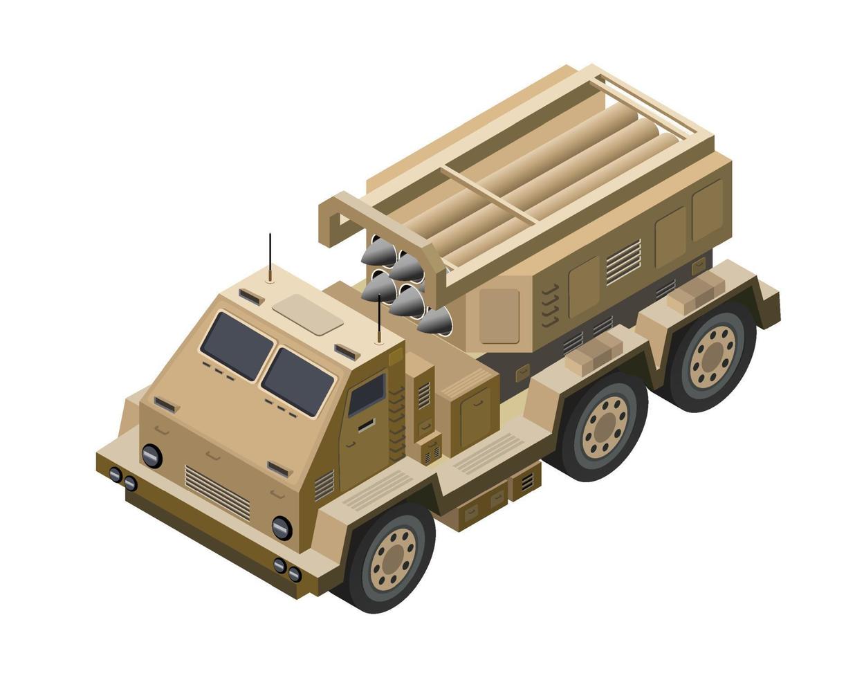 Multiple launch rocket systems army vehicles army missiles defense camouflage. Isometric 3d vector illustration.