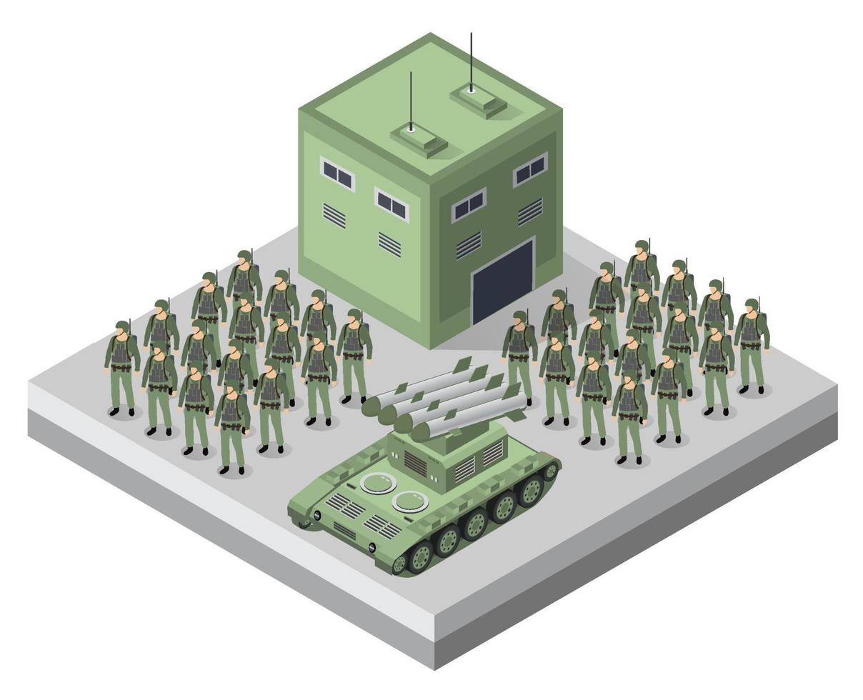 conjunto de soldados armados del ejército tropa objetos militares armados isométricos y equipo de combate de guerra fuerza elementos gráficos ilustración 3d vector