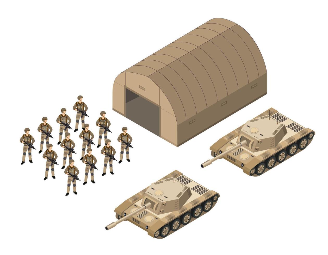 Module base camp object element for building design army armed troop isometric armed military transport objects. War equipment force graphic elements tank machine 3D illustration vector