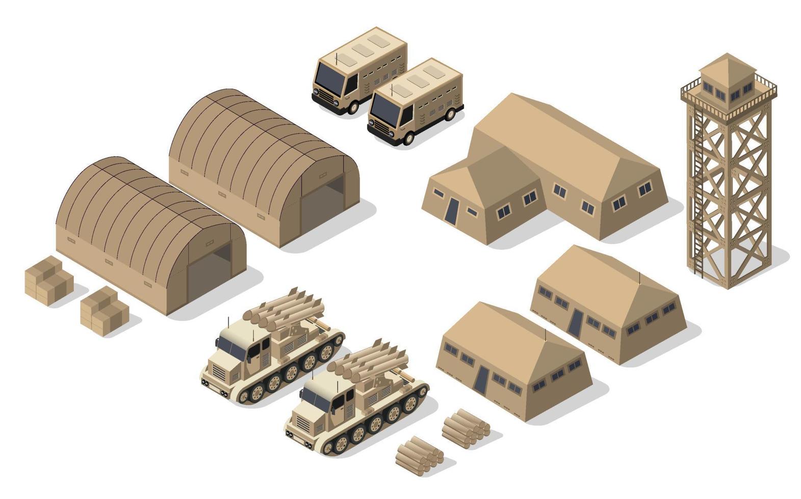 Set of army armed troop isometric armed military transport objects and war combat equipment force graphic elements tank machine 3D illustration vector