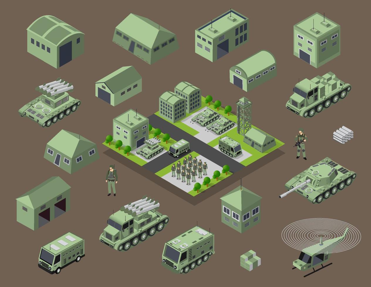 Set of army armed troop isometric armed military transport objects and war combat equipment force graphic elements tank machine 3D illustration vector