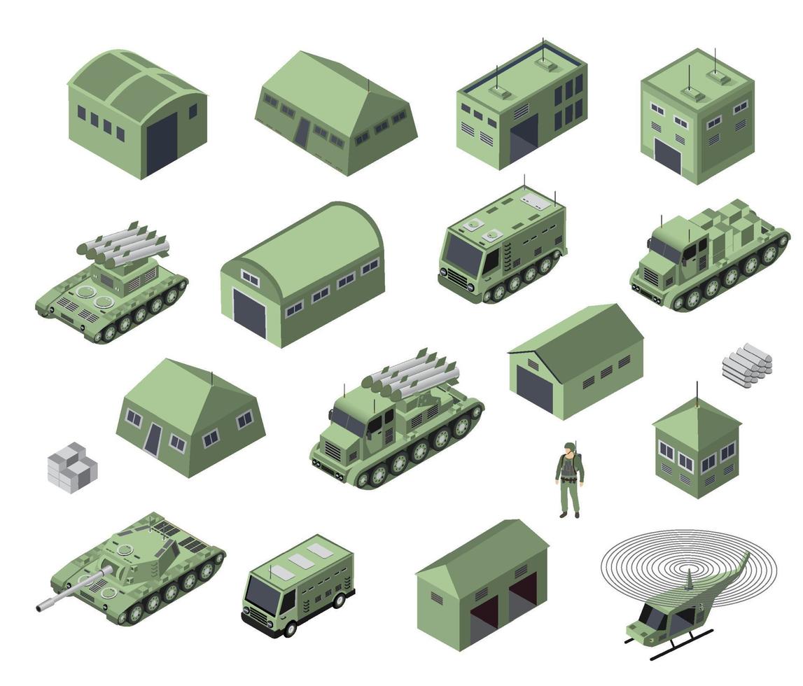 Set of army armed troop isometric armed military transport objects and war combat equipment force graphic elements tank machine 3D illustration vector