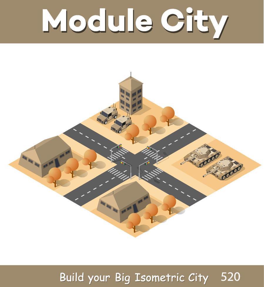 Module base camp object element for building design army armed troop isometric armed military transport objects. War equipment force graphic elements tank machine 3D illustration vector