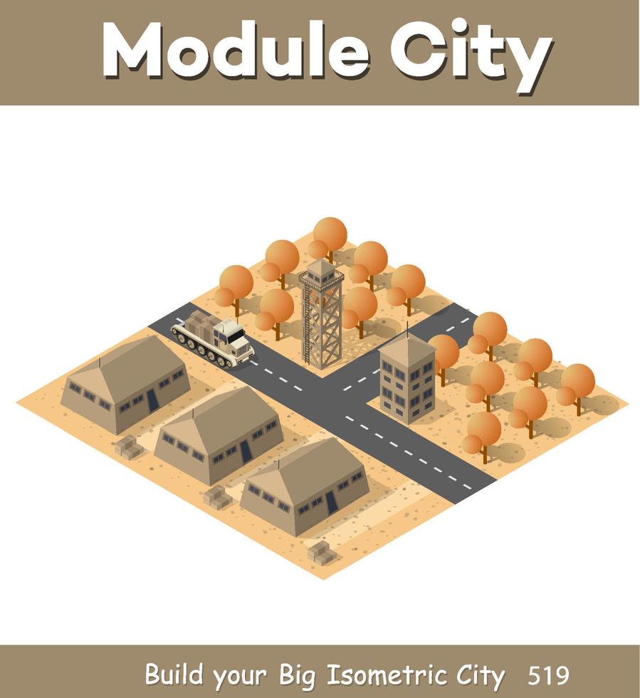 Module base camp object element for building design army armed troop isometric armed military transport objects. War equipment force graphic elements tank machine 3D illustration vector