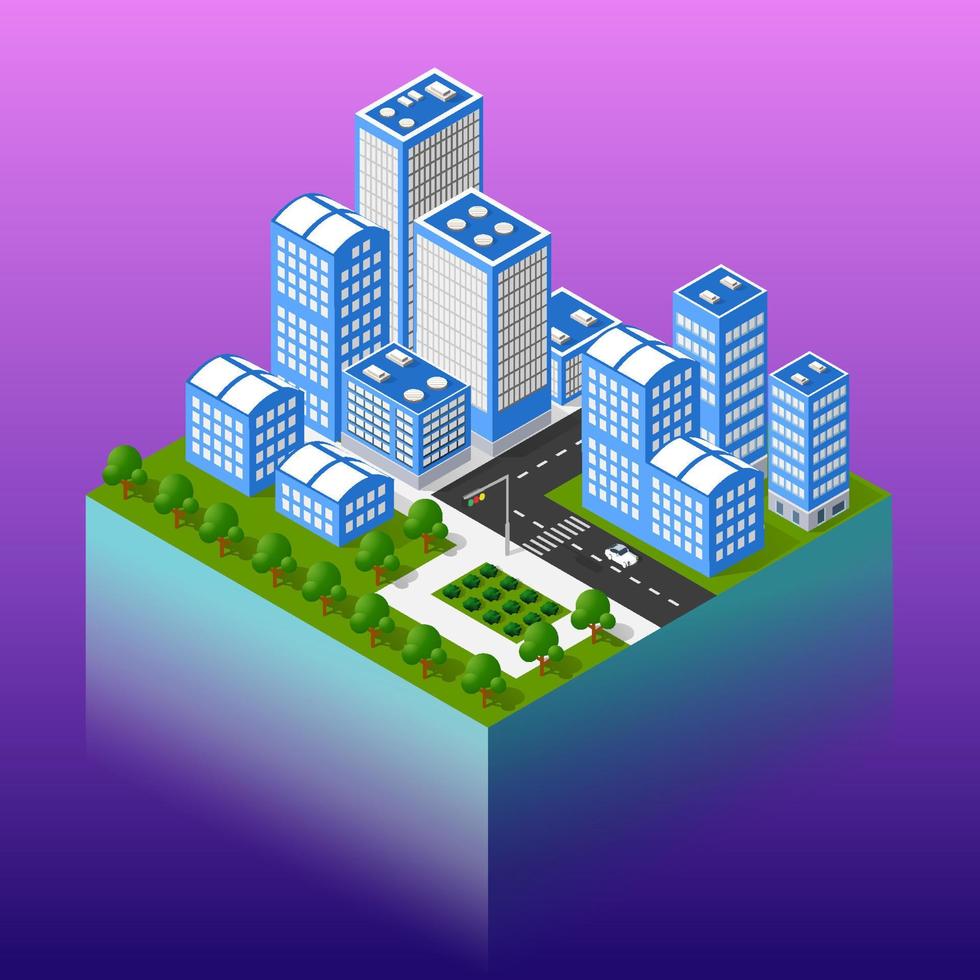 isometric smart blue ultraviolet city at night with lights. The town of the future is futuristic with skyscrapers lanterns streets and houses. 3D illustration. vector