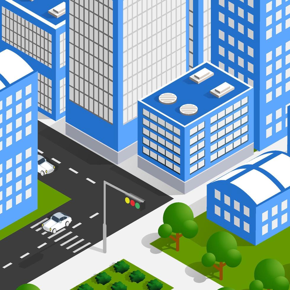 isometric smart blue ultraviolet city at night with lights. The town of the future is futuristic with skyscrapers lanterns streets and houses. 3D illustration. vector