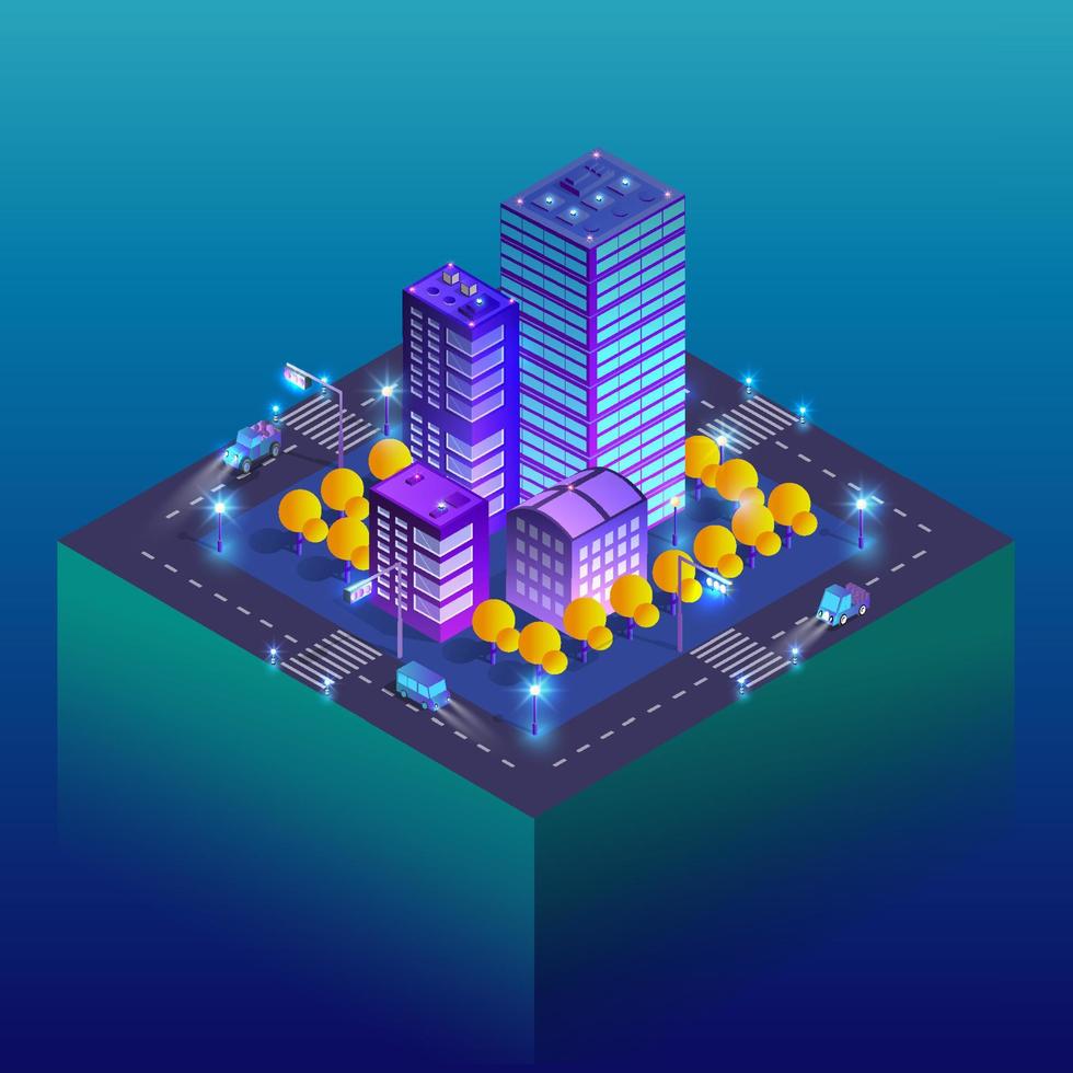 Night buildings futuristic isometric smart blue ultraviolet city at night with lights. 3D illustration. vector