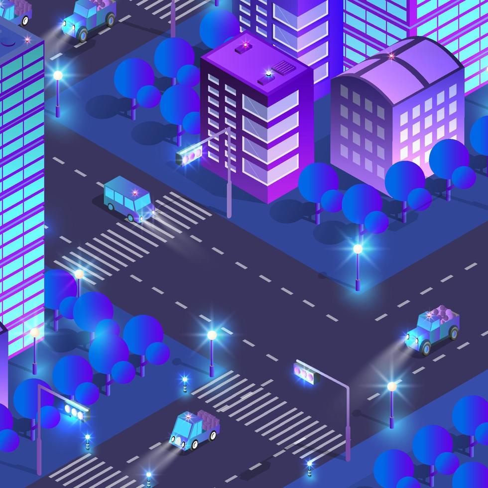 Night buildings futuristic isometric smart blue ultraviolet city at night with lights. 3D illustration. vector