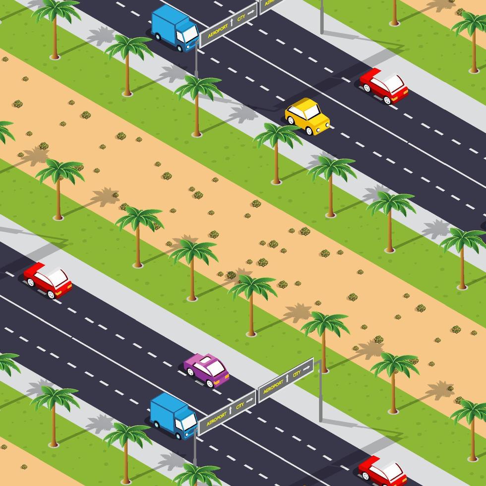 transporte calles de la ciudad intersección con casas y árboles. vista isométrica desde arriba en una ilustración 3d de transporte urbano vector