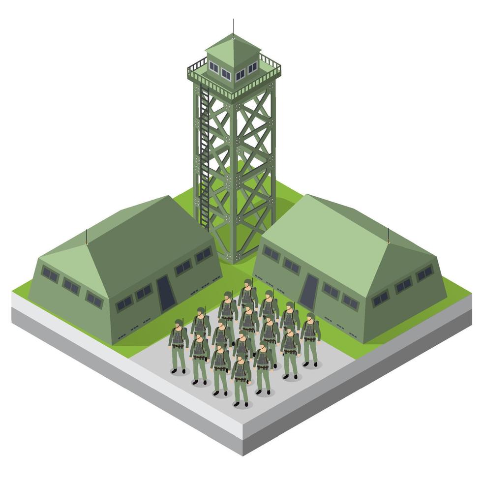 Set of army armed soldiers troop isometric armed military objects and war combat equipment force graphic elements 3D illustration vector