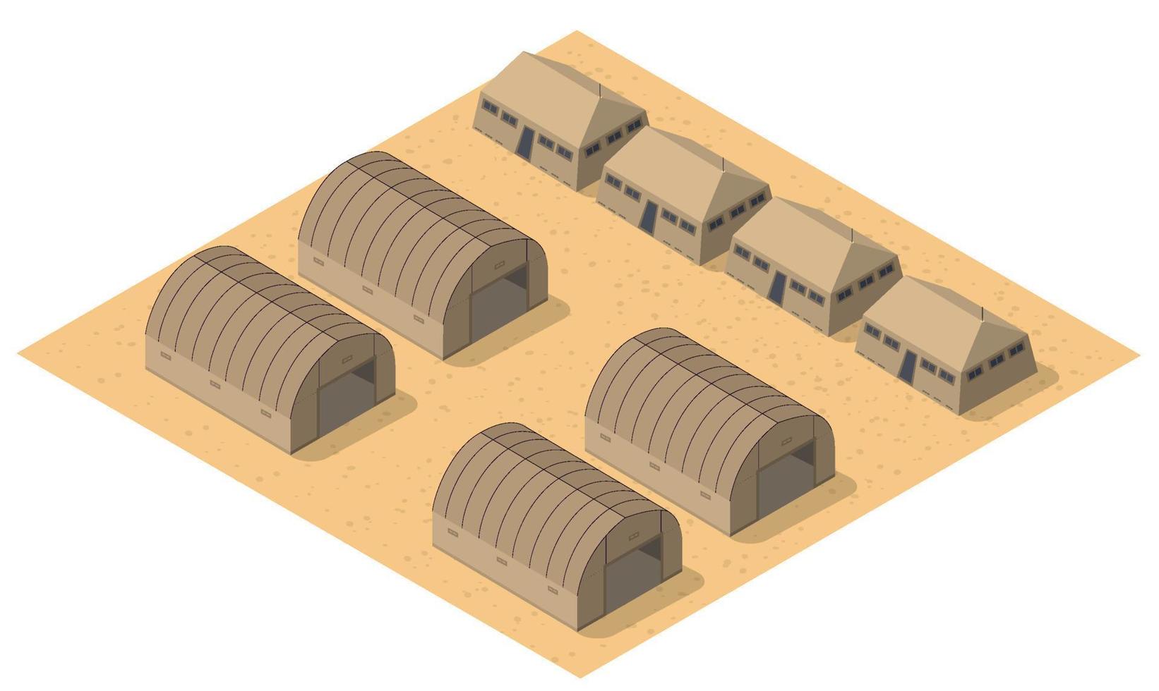 Module base camp object element for building design army armed troop isometric armed military transport objects. War equipment force graphic elements tank machine 3D illustration vector