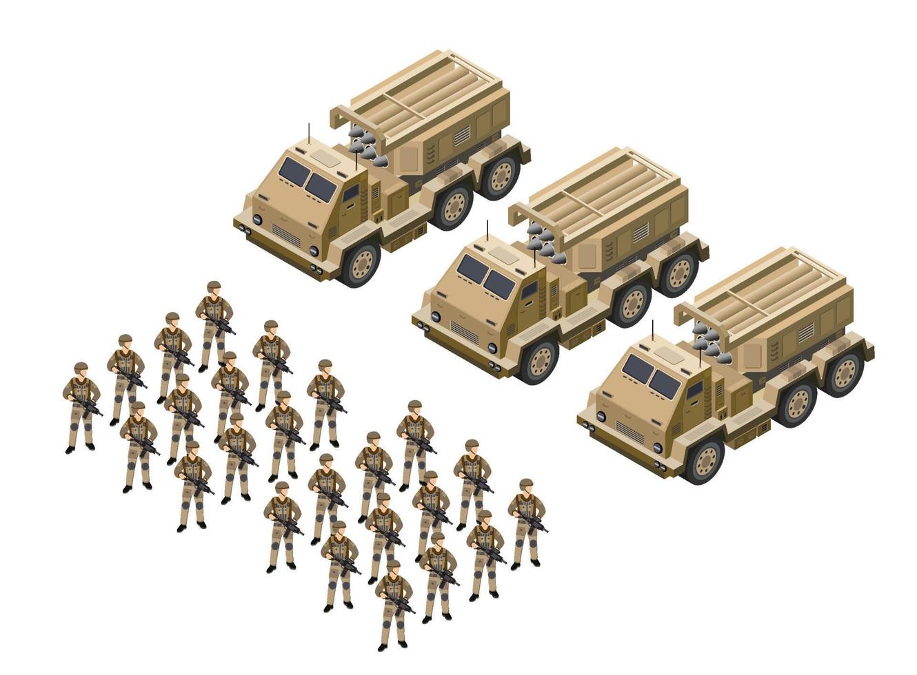 Multiple launch rocket systems army vehicles army missiles defense camouflage. Isometric 3d vector illustration.