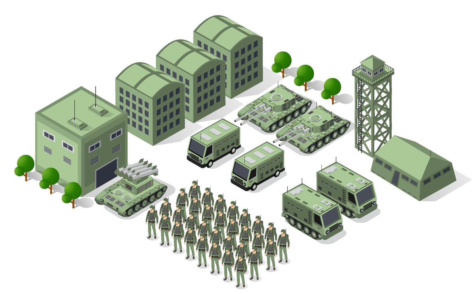 conjunto de tropas armadas del ejército objetos de transporte militar armado isométrico y equipo de combate de guerra elementos gráficos máquina de tanque ilustración 3d vector