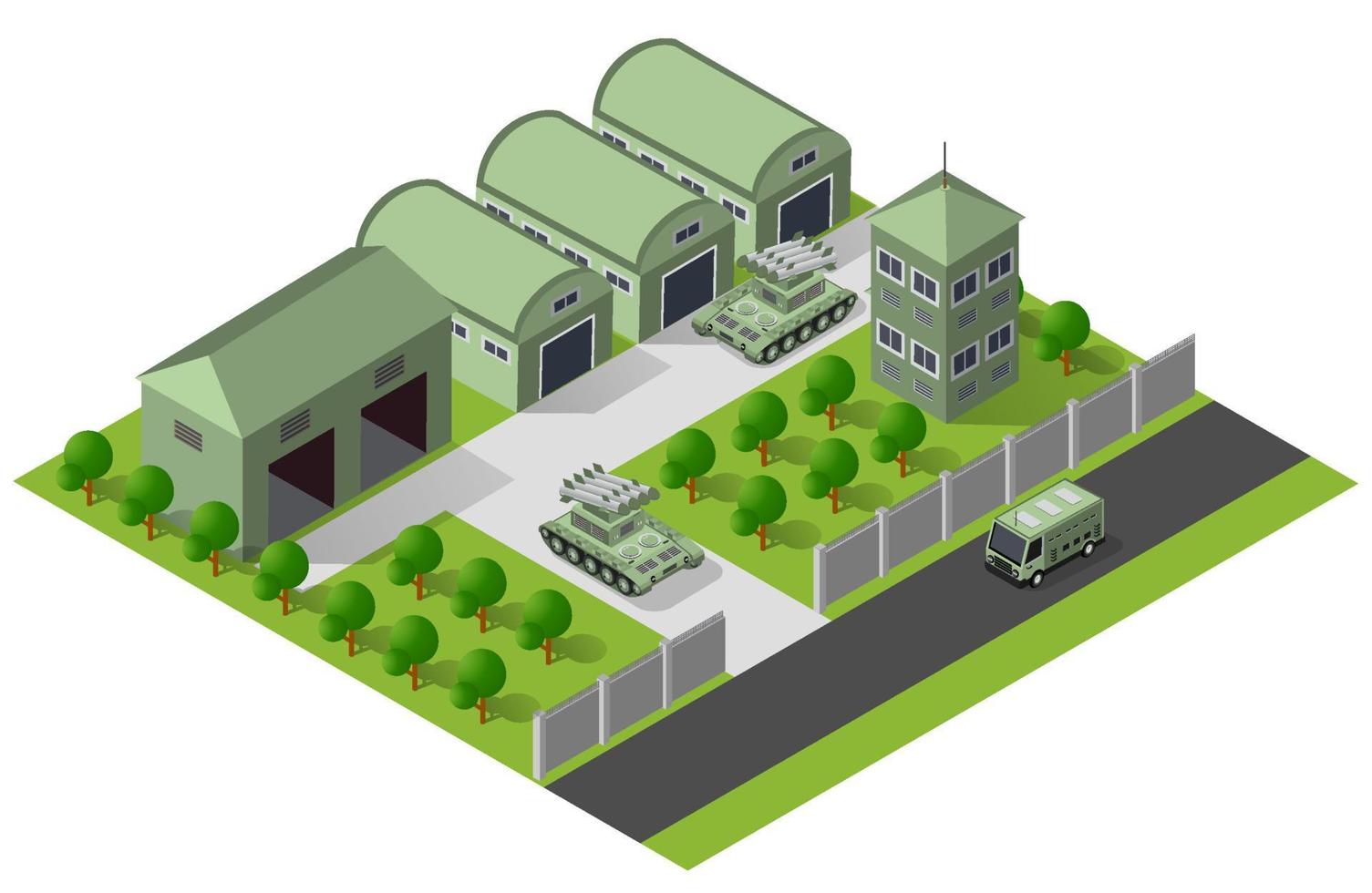 elemento de objeto del campamento base del módulo para el diseño de edificios objetos de transporte militar armado isométrico de tropas armadas del ejército. equipo de guerra fuerza elementos gráficos tanque máquina 3d ilustración vector