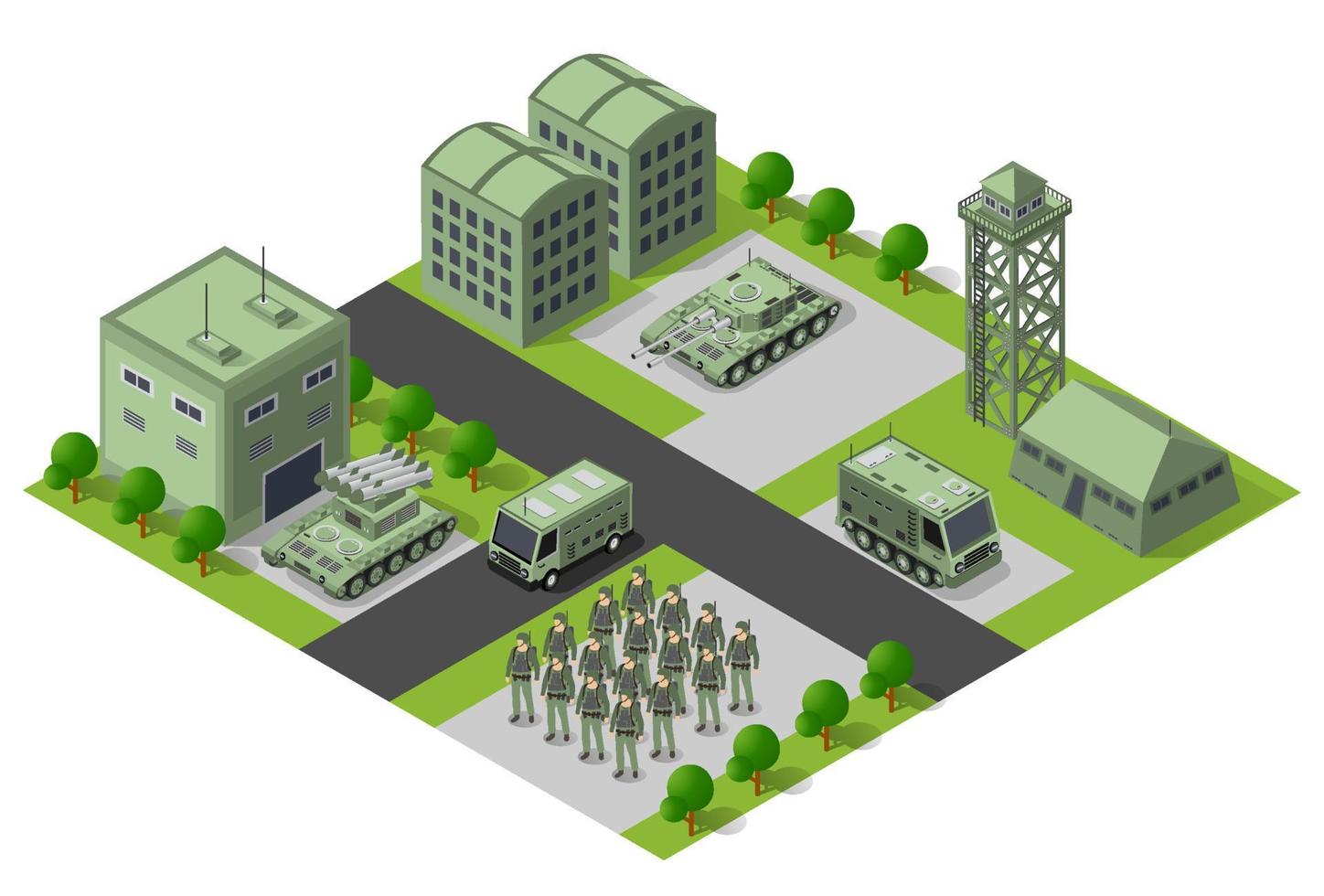 elemento de objeto del campamento base del módulo para el diseño de edificios objetos de transporte militar armado isométrico de tropas armadas del ejército. equipo de guerra fuerza elementos gráficos tanque máquina 3d ilustración vector