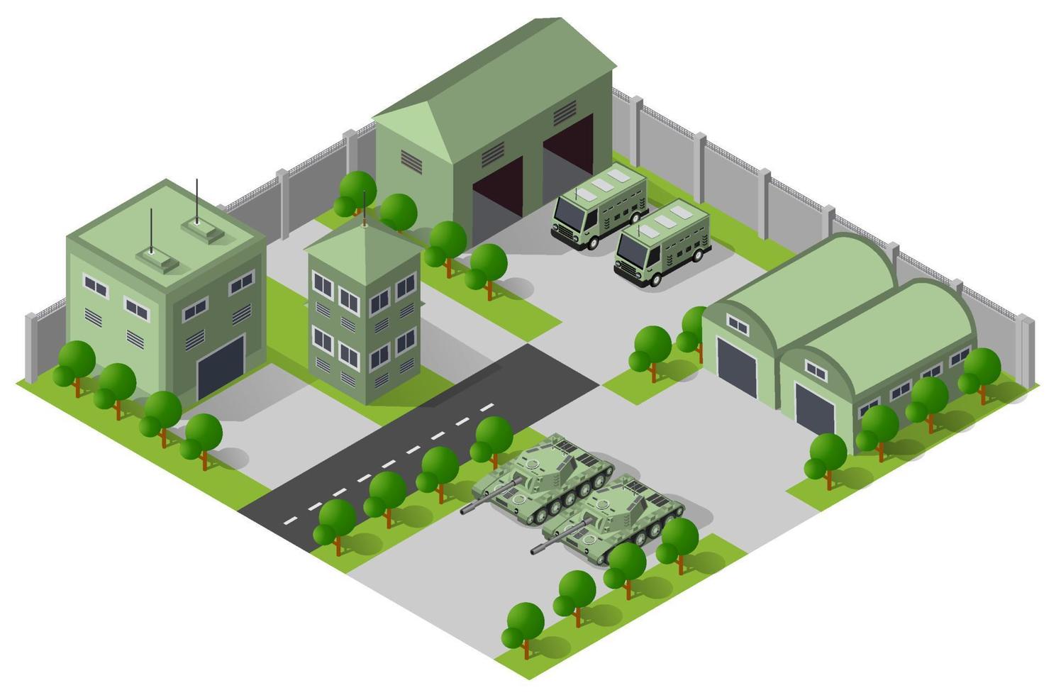 elemento de objeto del campamento base del módulo para el diseño de edificios objetos de transporte militar armado isométrico de tropas armadas del ejército. equipo de guerra fuerza elementos gráficos tanque máquina 3d ilustración vector