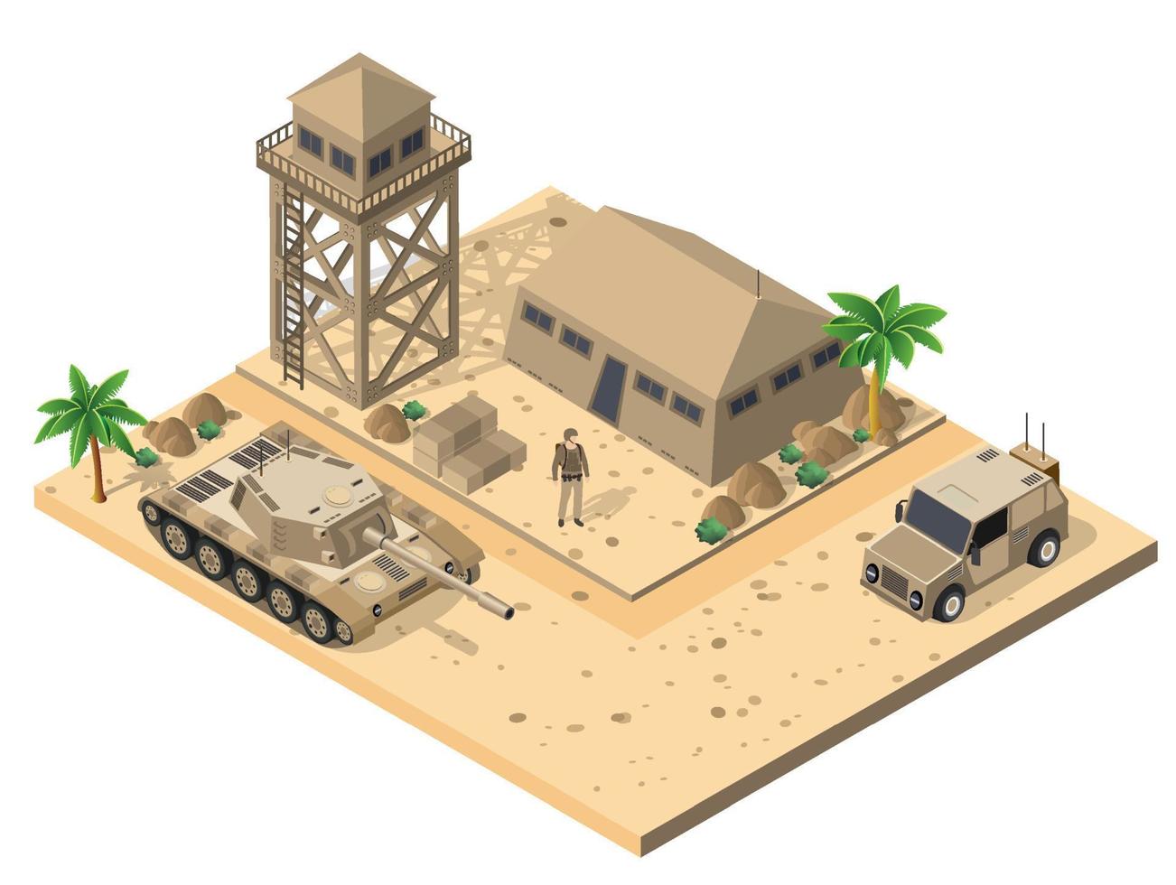Module base camp object element for building design army armed troop isometric armed military transport objects. War equipment force graphic elements tank machine 3D illustration vector