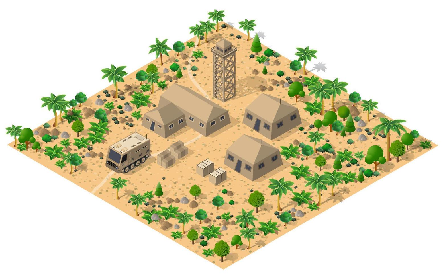 Module base camp object element for building design army armed troop isometric armed military transport objects. War equipment force graphic elements tank machine 3D illustration vector