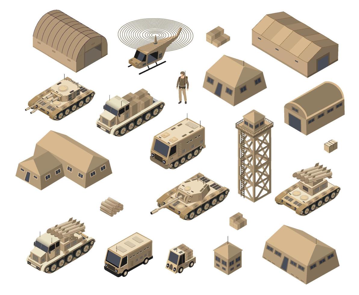 conjunto de tropas armadas del ejército objetos de transporte militar armado isométrico y equipo de combate de guerra elementos gráficos máquina de tanque ilustración 3d vector