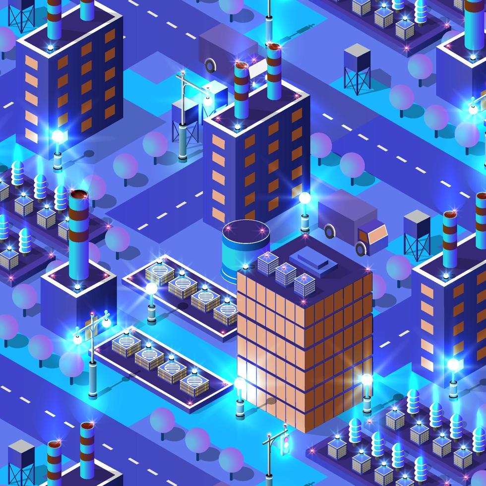 City industrial factories warehouses Isometric night lights architecture 3D illustration technology town street with a lot of building houses vector