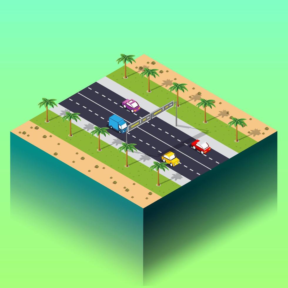 transporte calles de la ciudad intersección con casas y árboles. vista isométrica desde arriba en una ilustración 3d de transporte urbano vector