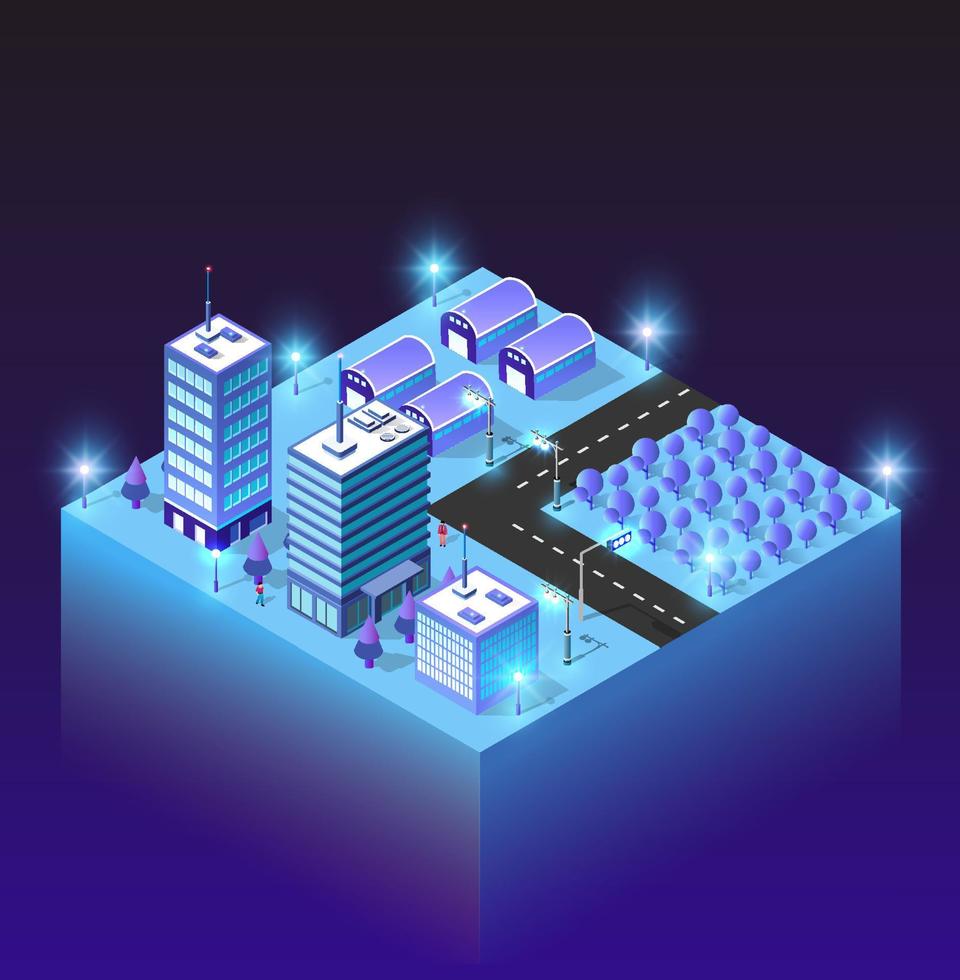 Night buildings futuristic isometric smart blue ultraviolet city at night with lights. 3D illustration. vector