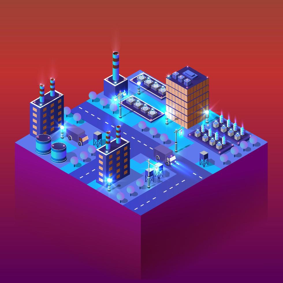 City industrial factories warehouses Isometric night lights architecture 3D illustration technology town street with a lot of building houses vector