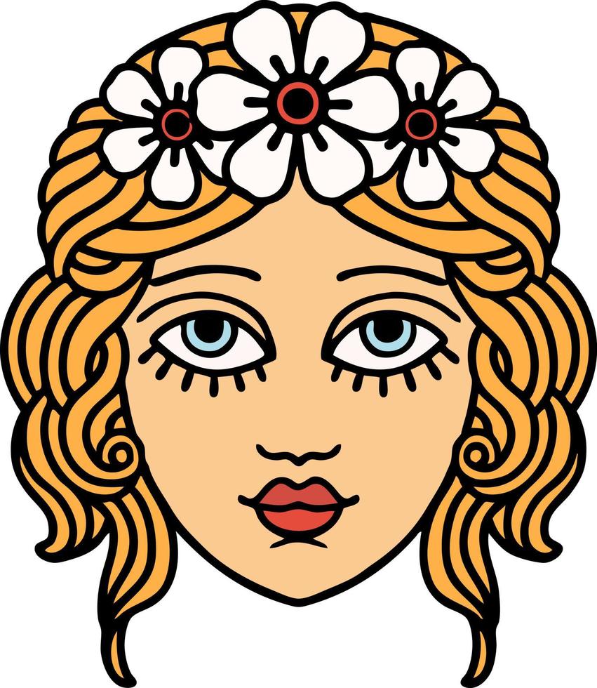tatuaje tradicional de rostro femenino con corona de flores vector