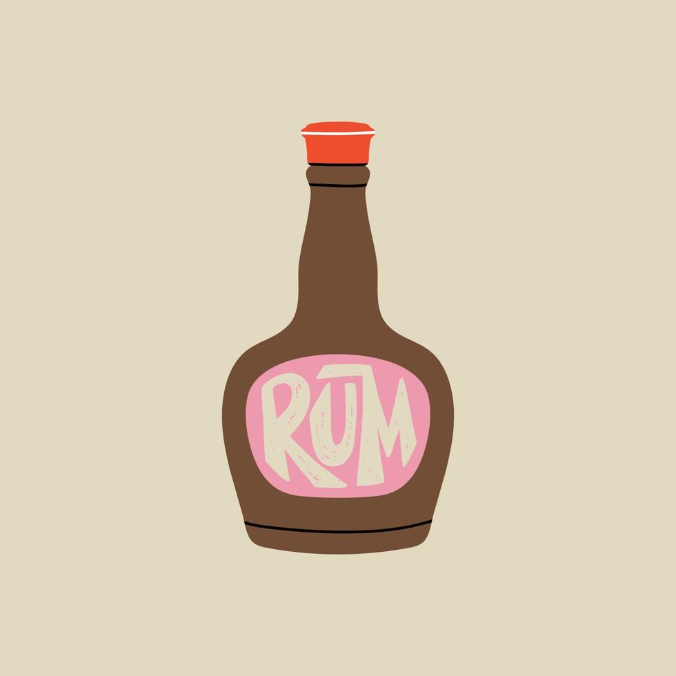 Wild west or pirate element in modern style flat, line style. Hand drawn vector illustration of rum bottle, alcohol drink, cartoon design. Cowboy patch, badge, emblem with lettering.