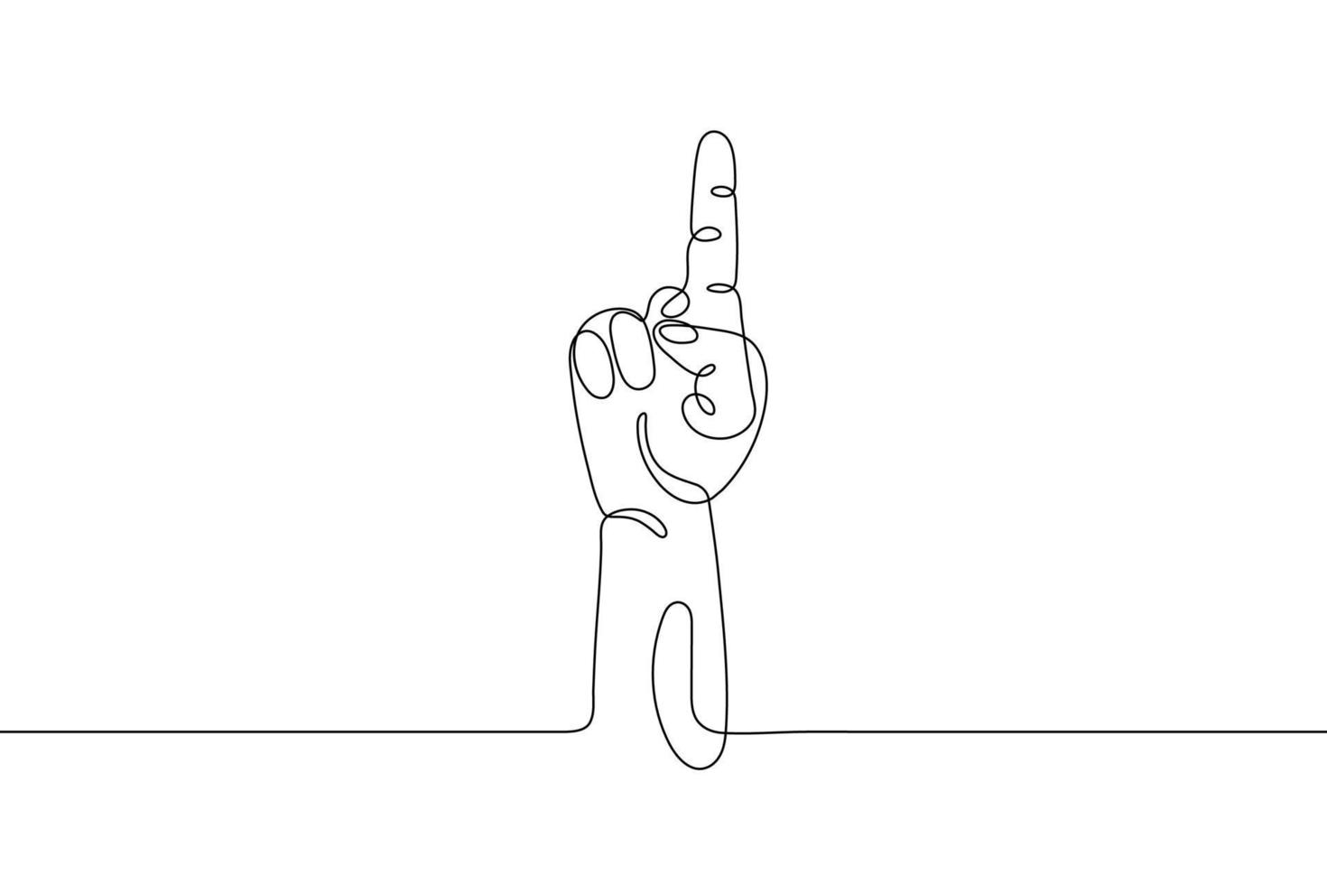 Single line drawn hand gesture, minimalistic human hand with one raised up sign pointing finger, symbol of number 1. Dynamic continuous one line graphic vector design