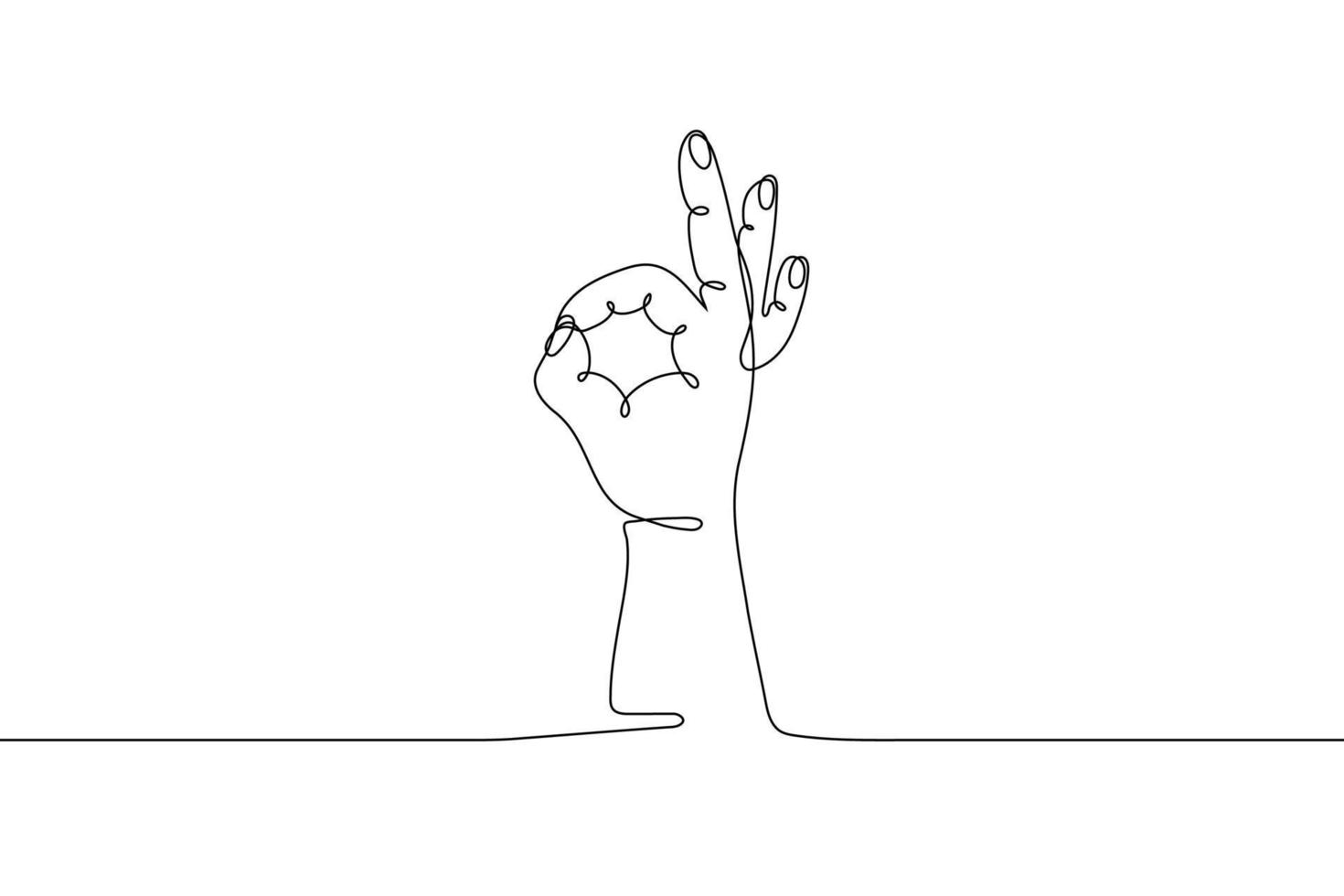 Single line drawn hand gesture, minimalistic human hand with ok sign fingers, symbol of perfect, agreement. Dynamic continuous one line graphic vector design