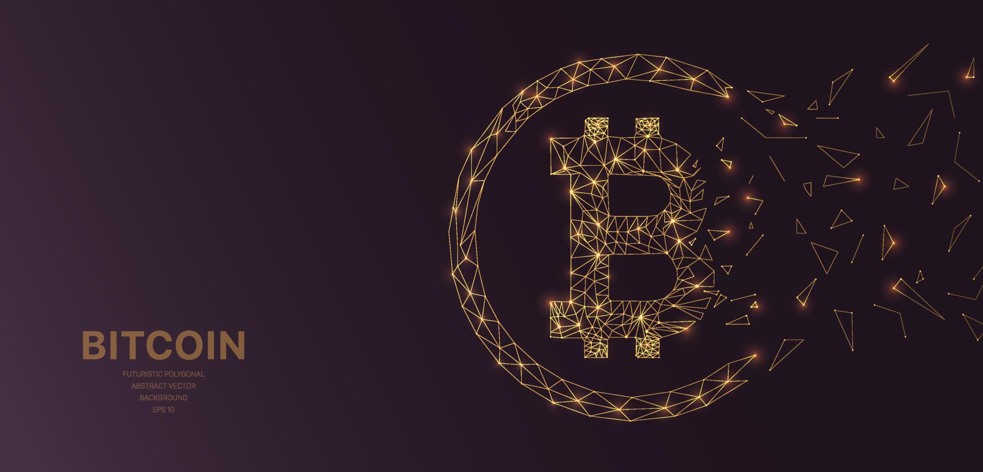 Polygonal wireframe mesh futuristic with bitcoin crypto concept sign on dark background. Vector lines, dots and triangle shapes, connecting network, digital molecules technology, connection structure.