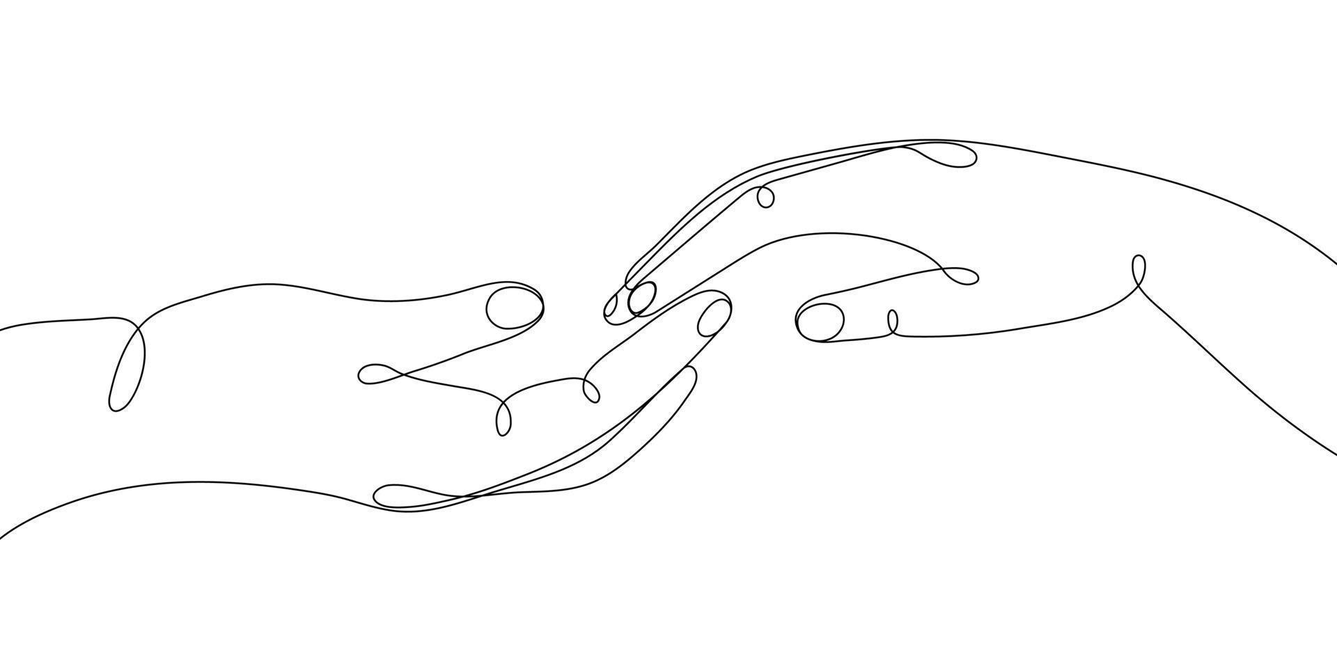 Single line drawn hand gestures, minimalistic human hands showing love, romantic, relationship sign, barely touching one another. Dynamic continuous one line graphic vector design