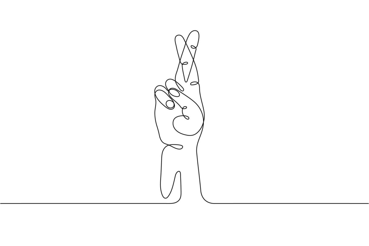 Single line drawn hand gesture, minimalistic human hand with cross fingers, symbol of lie, on luck, superstition, wish, cheating. Dynamic continuous one line graphic vector design