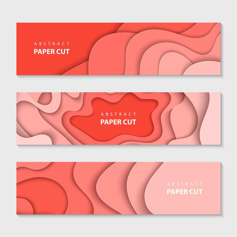 Paper cut waves shape abstract template, coral background. Horizontal banners, cover layout, social media design. 3D abstract paper art style. vector