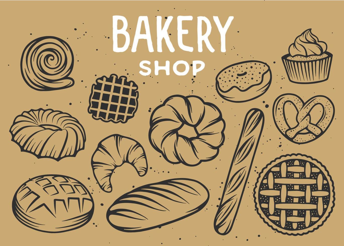 Set of vector bakery engraved elements. Typography design with bread, pastry, pie, buns, sweets, cupcake. Collection of modern linear graphic, food hand drawn sketch. Bakery shop. Top view.