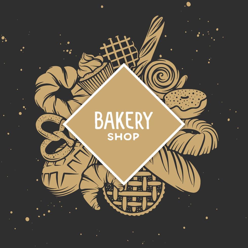 Set of vector bakery engraved elements. Typography design with bread, pastry, pie, buns, sweets, cupcake. Collection of modern linear graphic design template. Bakery shop. Top view composition.