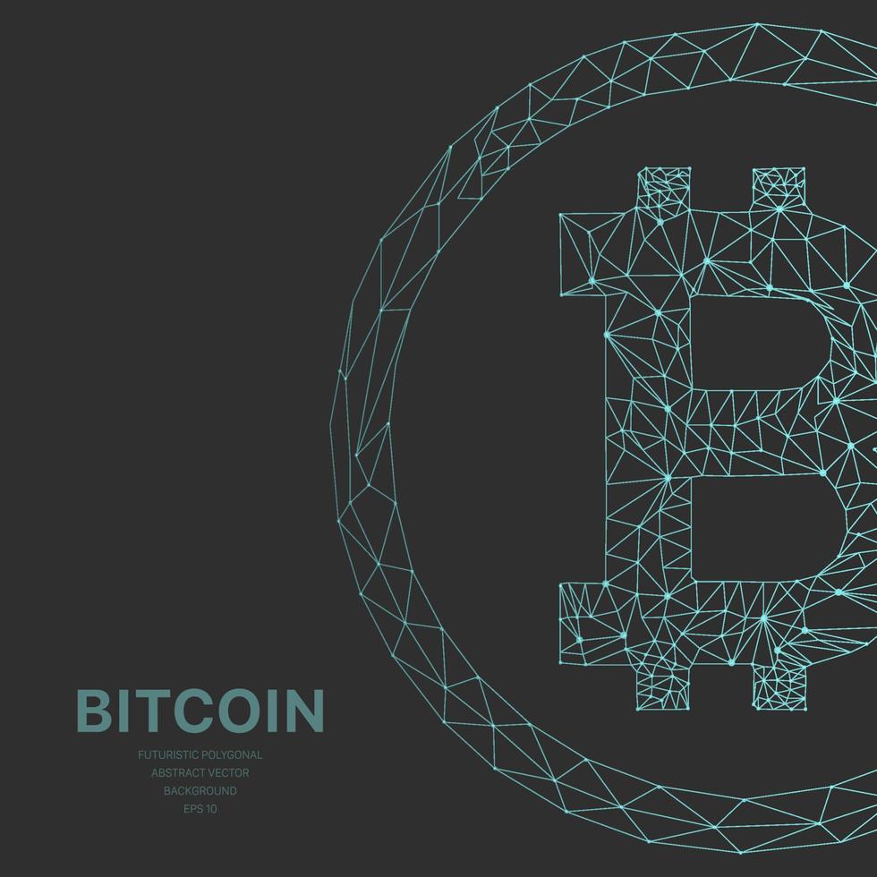 Polygonal wireframe mesh futuristic with bitcoin crypto concept sign on dark background. Vector lines, dots and triangle shapes, connecting network, digital molecules technology, connection structure.