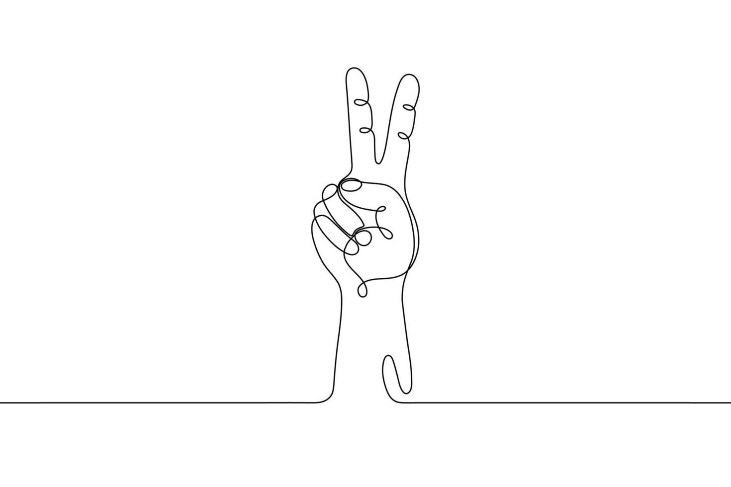 Single line drawn hand gesture, minimalistic human hand with victory or two raised up sign fingers, symbol of luck, victory, piece, success. Dynamic continuous one line graphic vector design