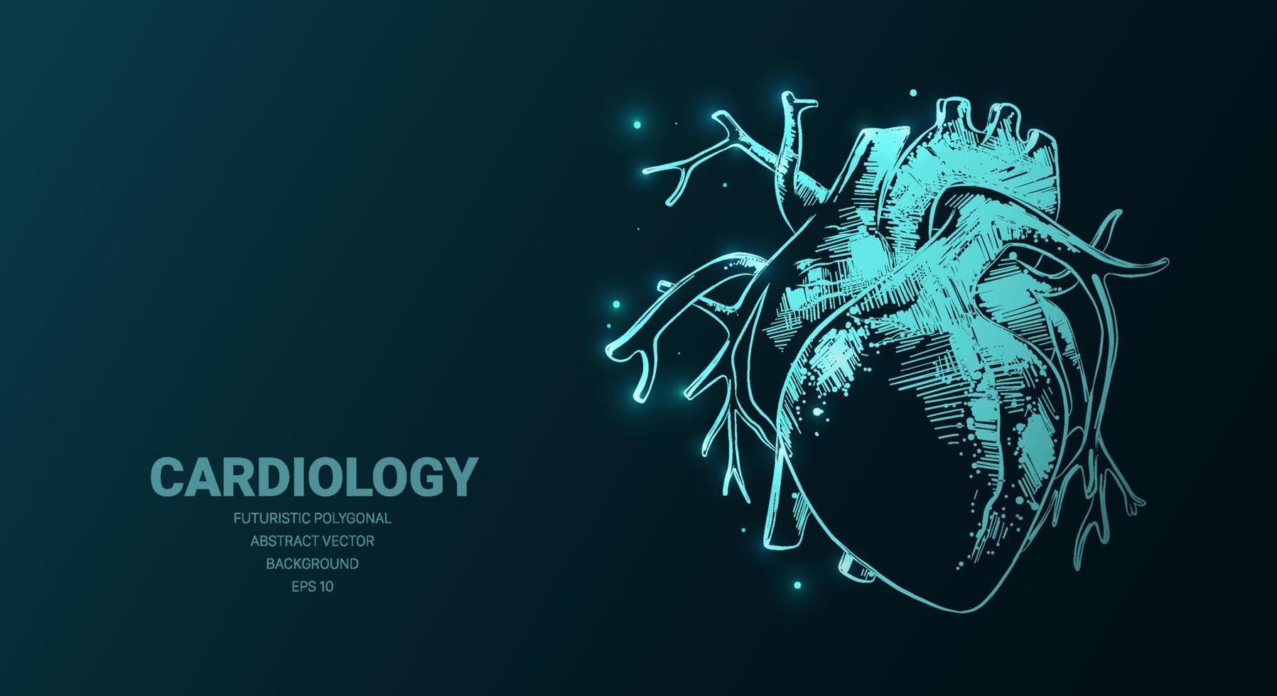 Futuristic illustration with anatomic heart sketch, healthcare and medicine cardiology concept sign on dark background. Vector digital art, technology, connection structure.