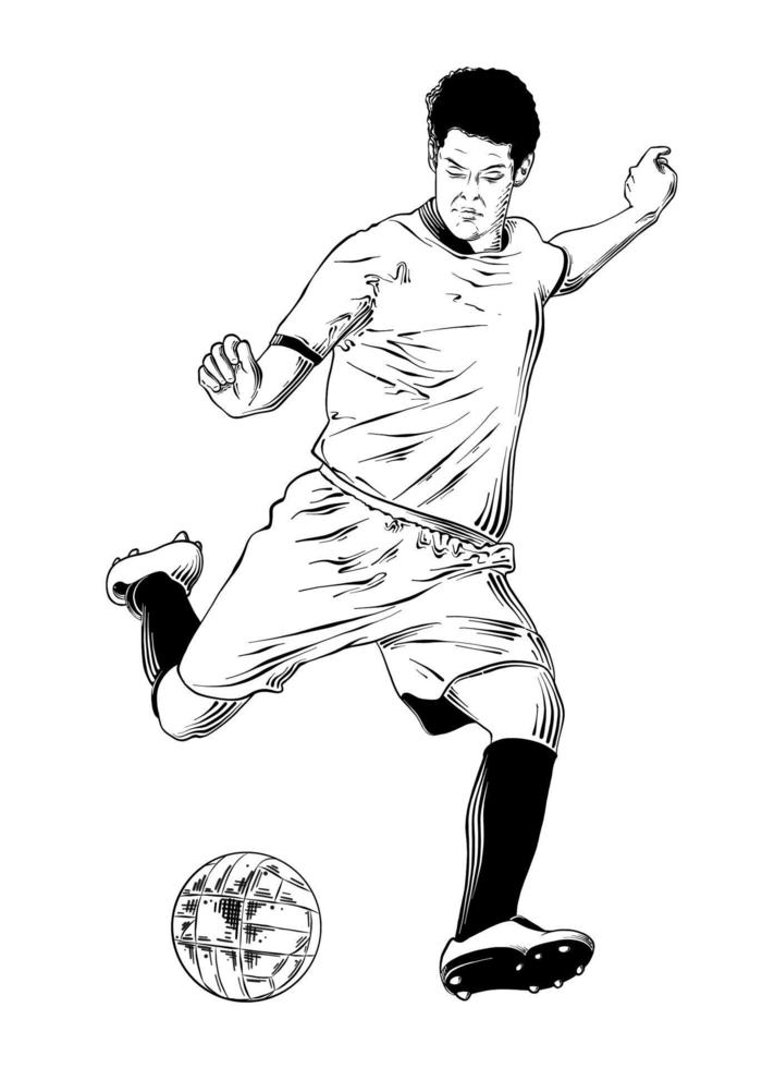 Vector engraved style illustration for posters, decoration and print. Hand drawn sketch of soccer player in black isolated on white background. Detailed vintage etching style drawing.