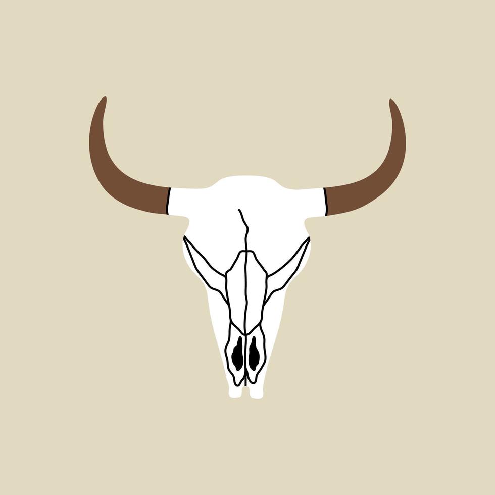 Wild west element in modern style flat, line style. Hand drawn vector illustration of old western cow, buffalo or bull skull with horns, dead animal head cartoon design. Cowboy patch, badge, emblem.
