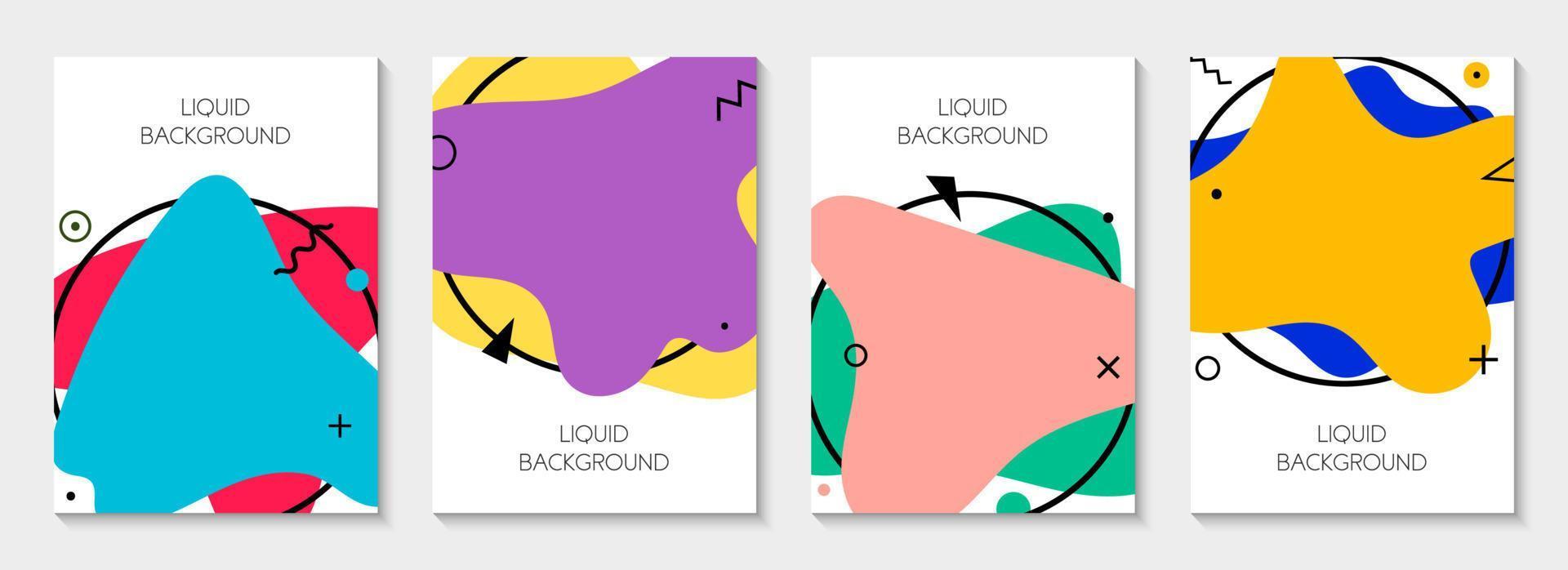 Set of 4 abstract modern graphic liquid banners. Dynamical waves different memphis colored fluid forms. Isolated templates with flowing liquid shapes. For the special offer, flyer or presentation. vector